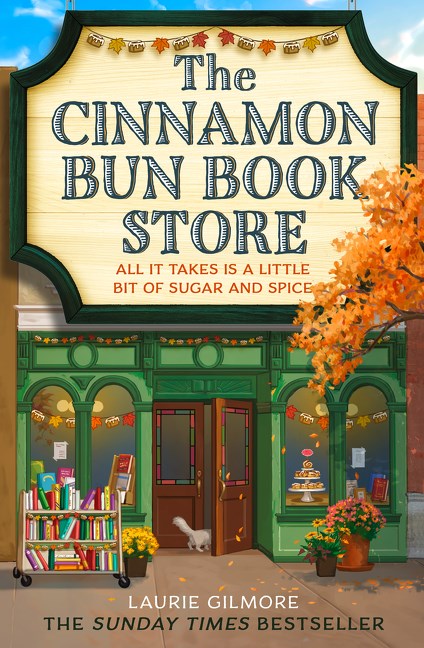 Book cover of 'The Cinnamon Bun Book Store' with a store exterior and books displayed.