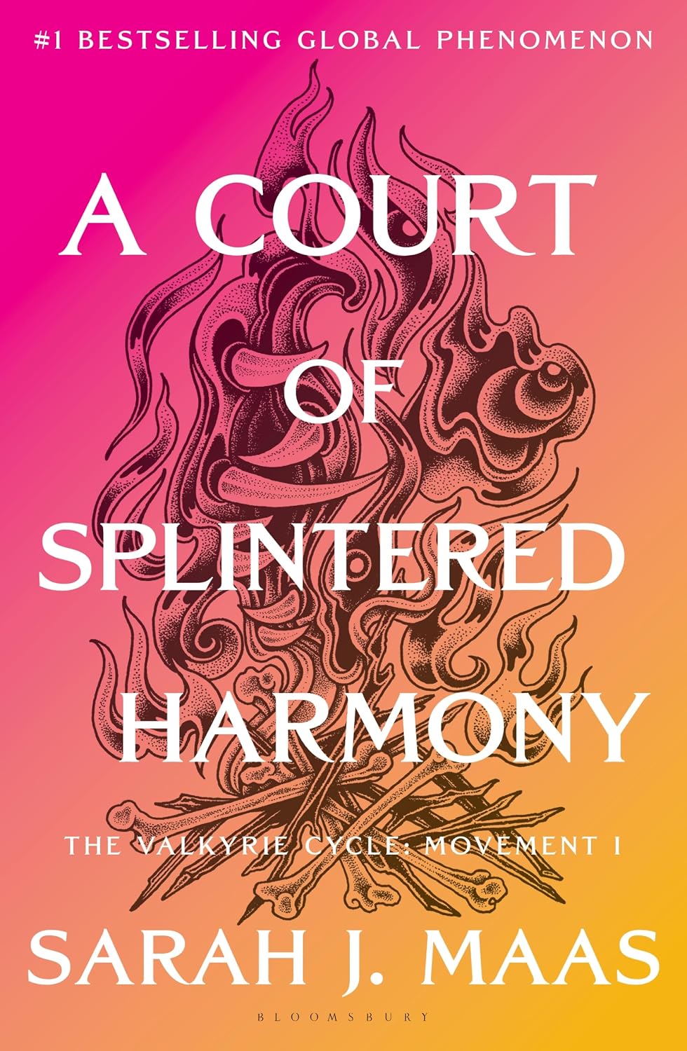 Book cover for 'A Court of Splintered Harmony' by Sarah J. Maas, featuring a pink-to-yellow gradient background with a central dark red ornate illustration and large white title text.