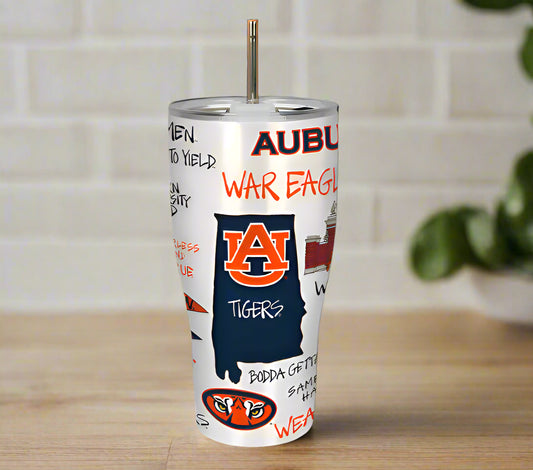 Tumbler with Auburn University logo and text on a gray background