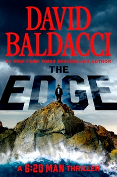 Book cover of 'The Edge' by David Baldacci with a person on a rock overlooking water.