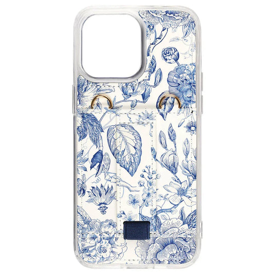 Phone case with blue floral pattern on a white background