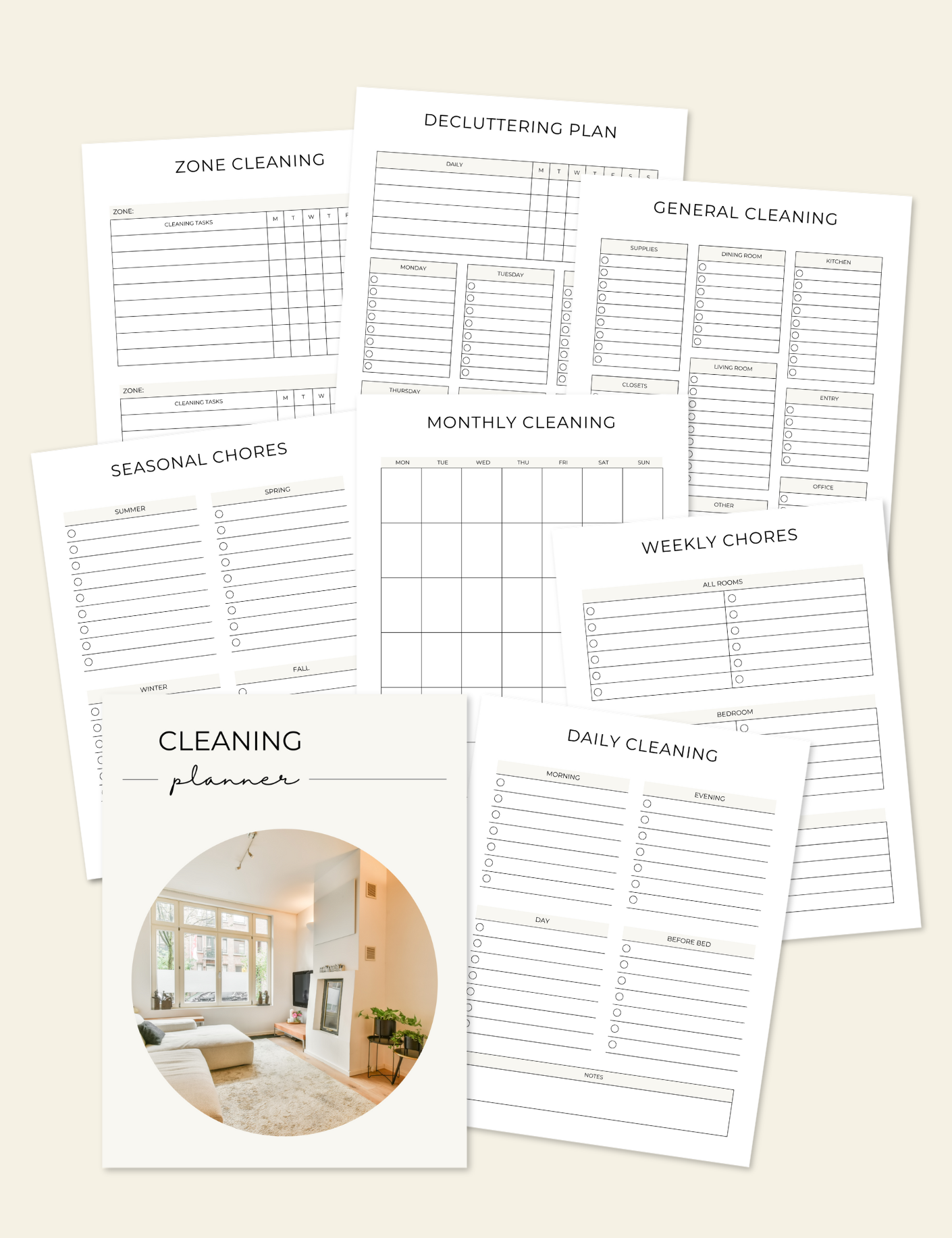 Cleaning planner sheets with various cleaning tasks on a light beige background