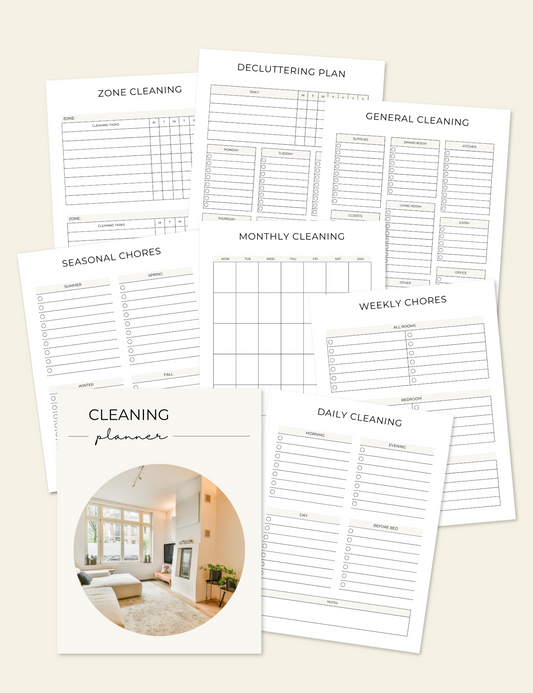 Cleaning planner sheets with various cleaning tasks on a light beige background