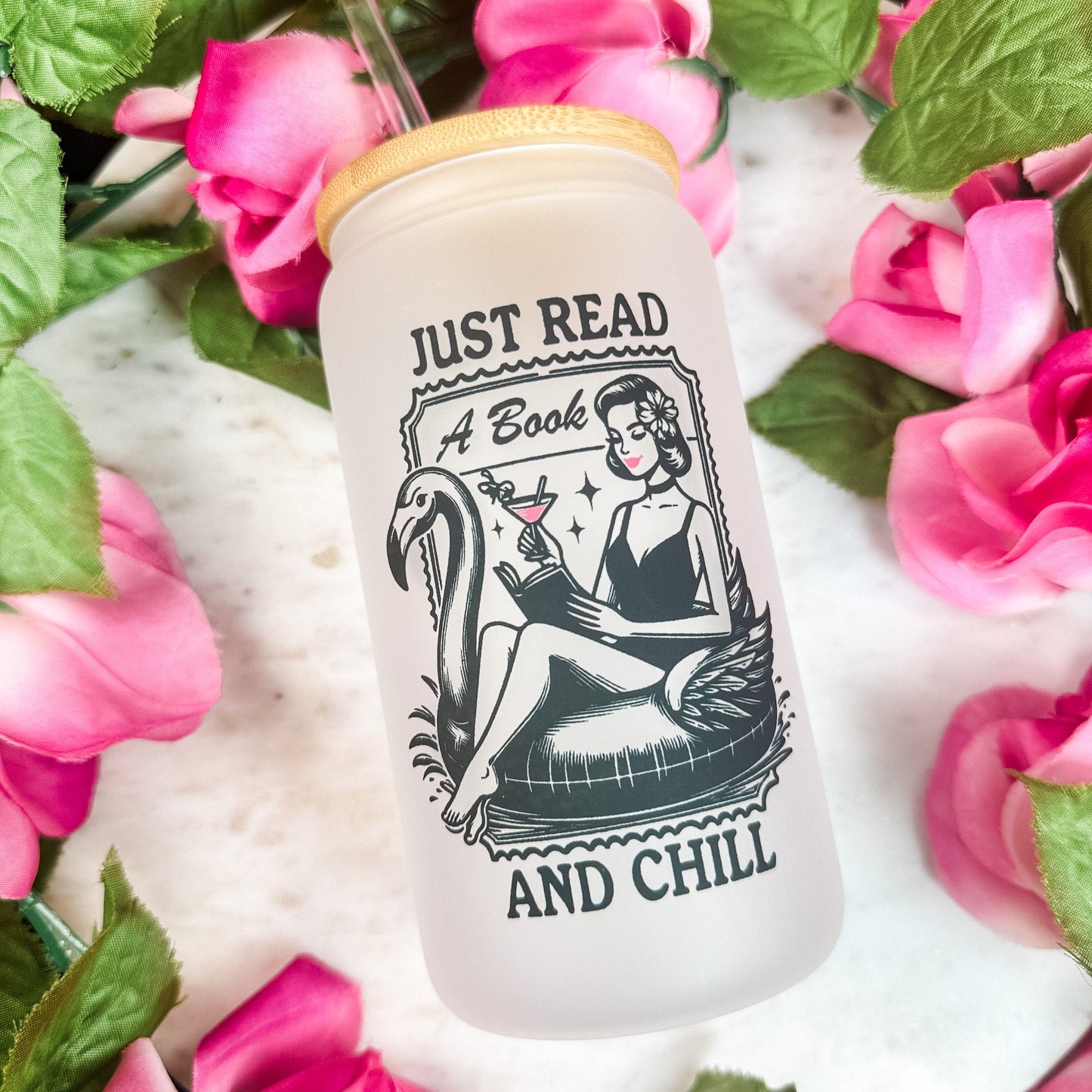 Just Read and Chill Retro Frosted Glass Cup - Bamboo Lid & Straw for Book Lovers
