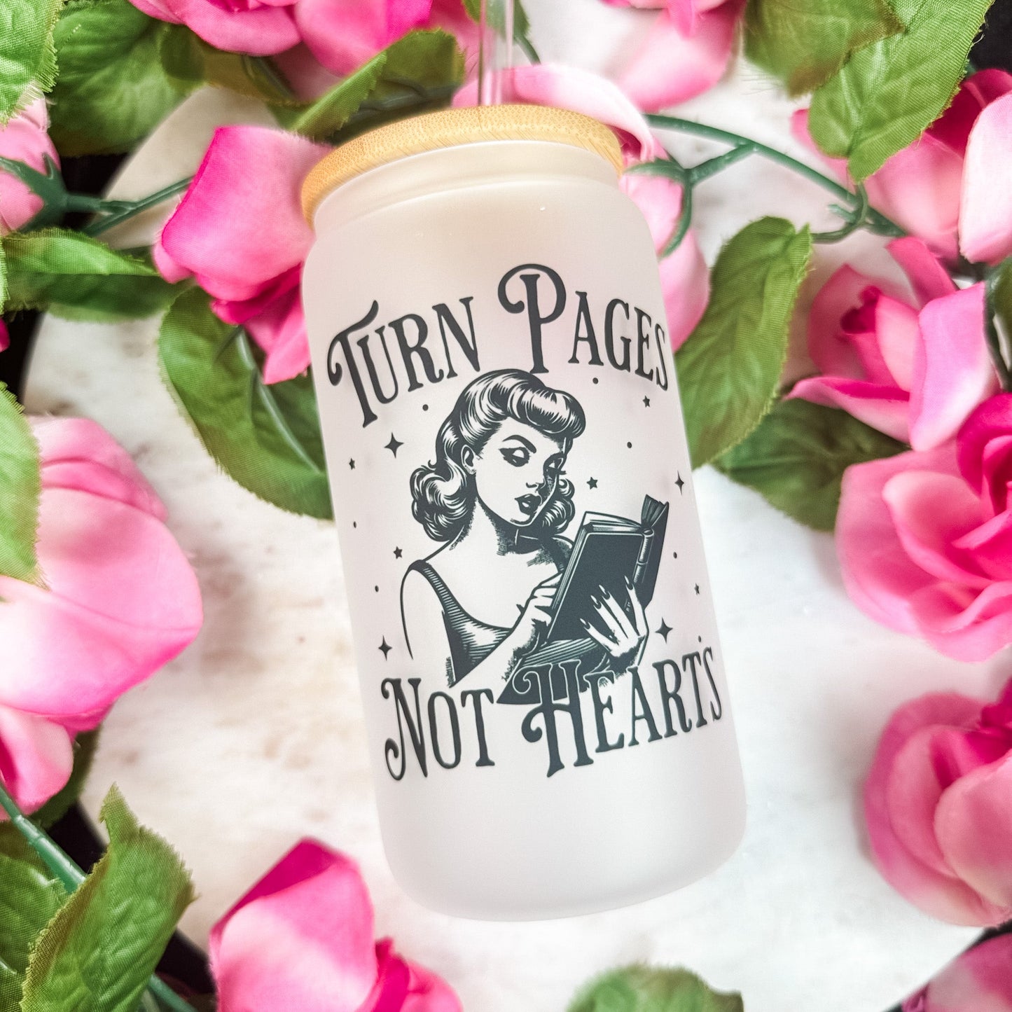 Turn Pages Not Hearts Frosted Glass Cup with Bamboo Lid & Straw