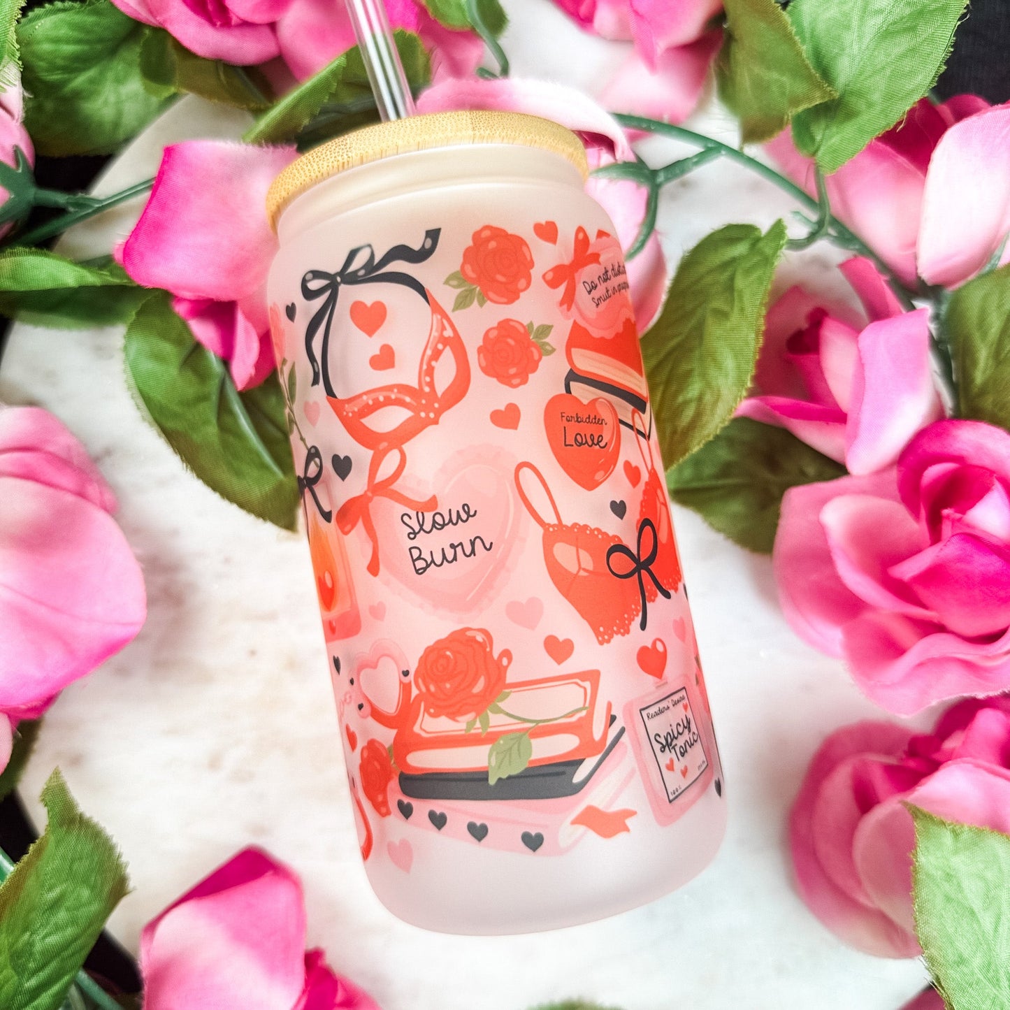 Spicy Romance Girly Frosted Glass Cup with Bamboo Lid & Straw
