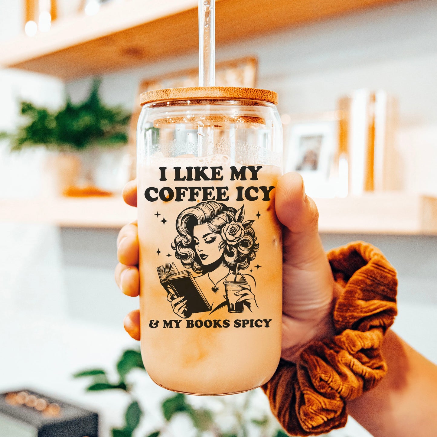 I Like My Coffee Icy & My Books Spicy Clear Glass Cup with Bamboo Lid & Straw