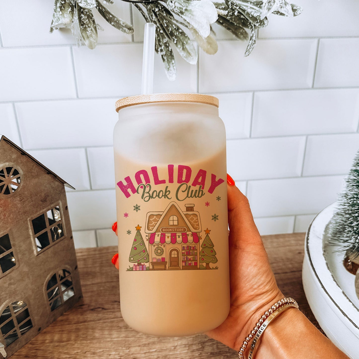 Holiday Book Club Bookstore Frosted Glass Cup with Bamboo Lid & Straw