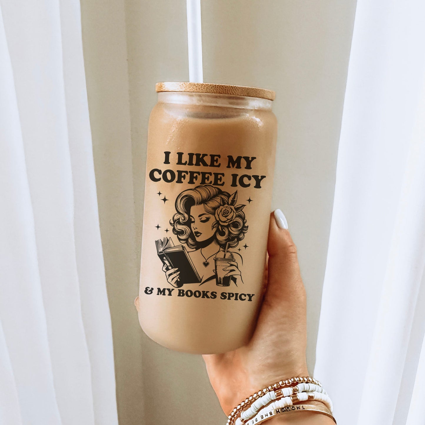 I Like My Coffee Icy & My Books Spicy Frosted Glass Cup with Bamboo Lid & Straw