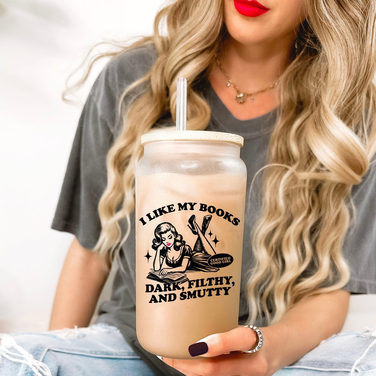 I Like My Books Dark, Filthy and Smutty Frosted Glass Cup with Bamboo Lid & Straw