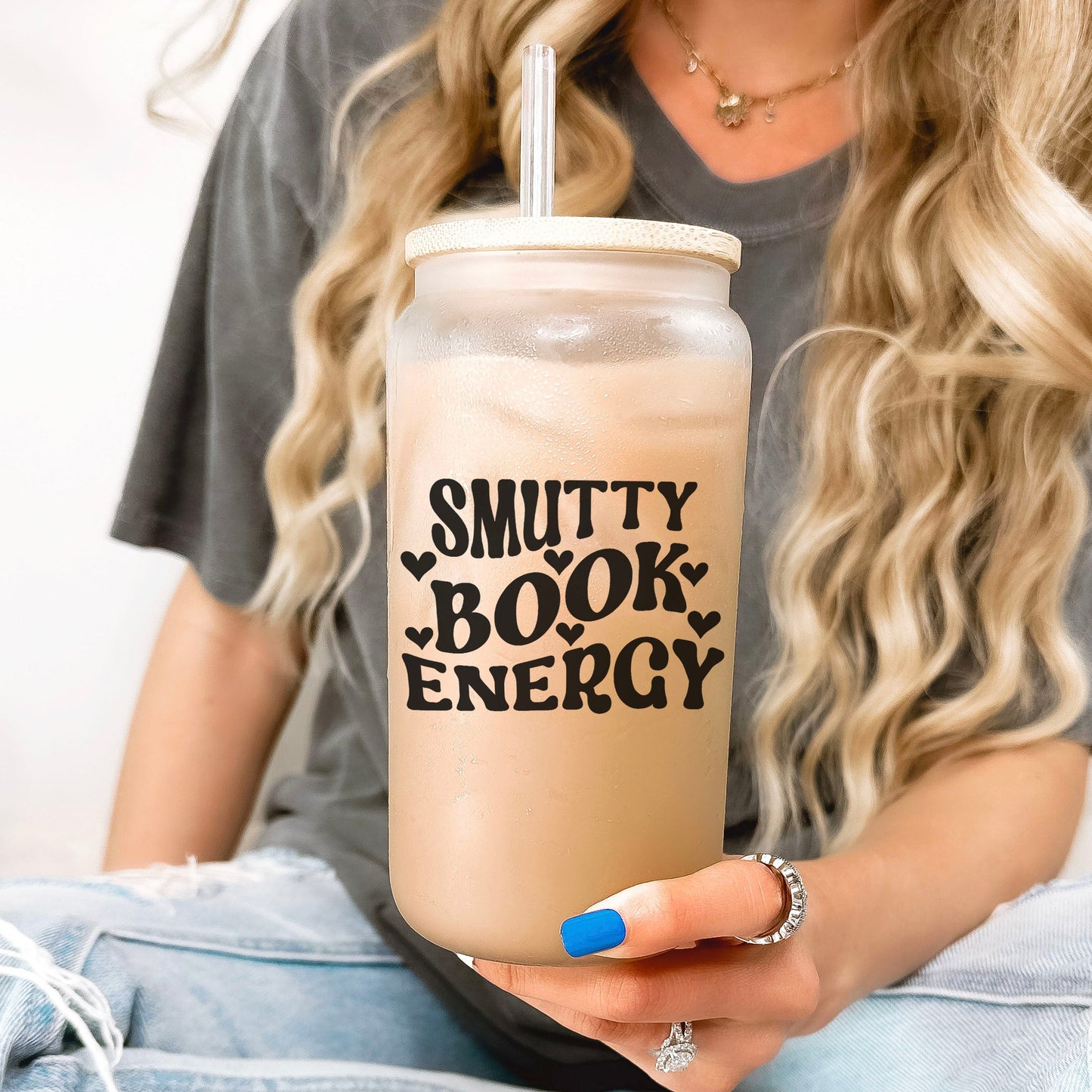 Smutty Book Energy | Bookish Glass Cup with Bamboo Lid and Straw