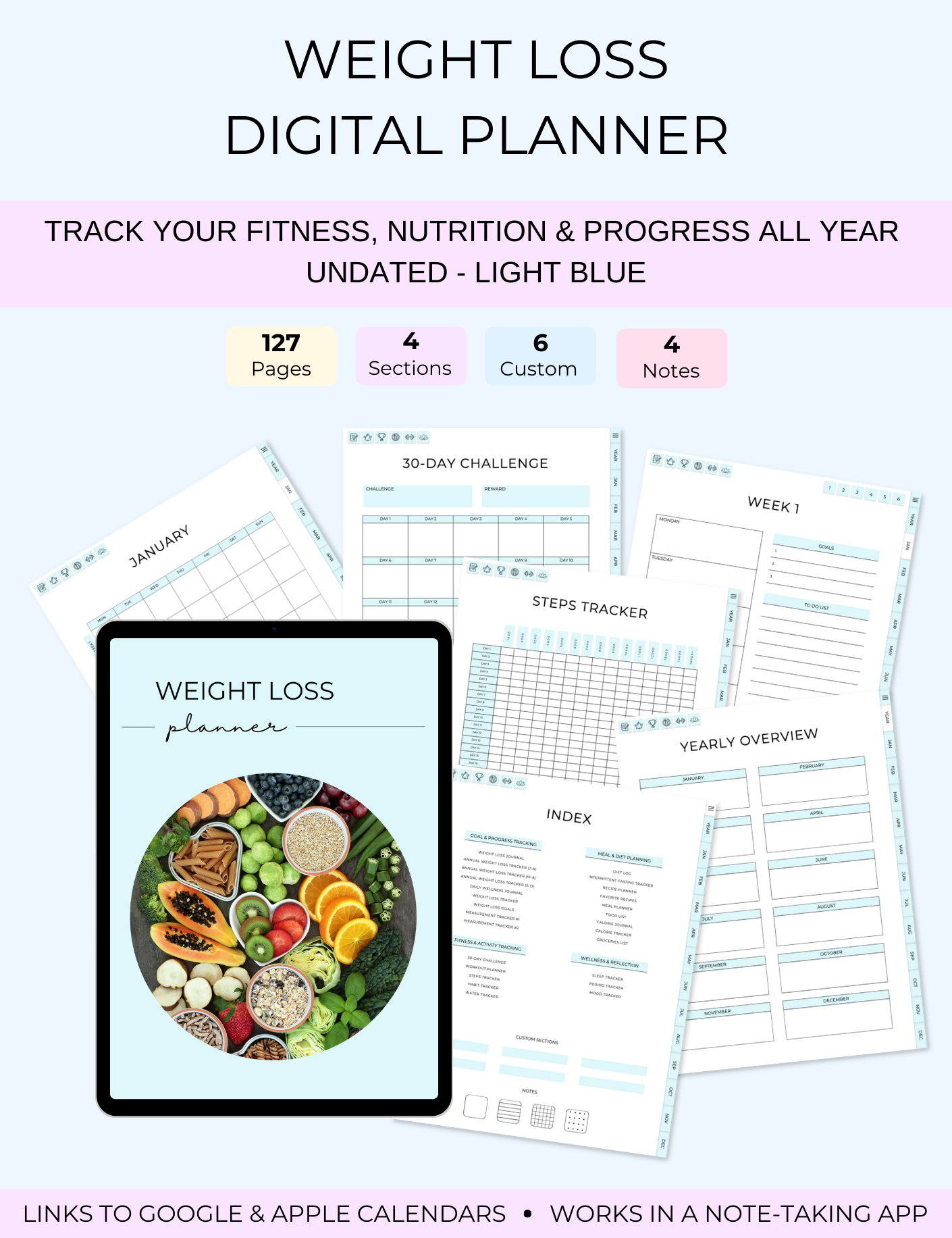 Weight loss digital planner with various sections on a light blue background