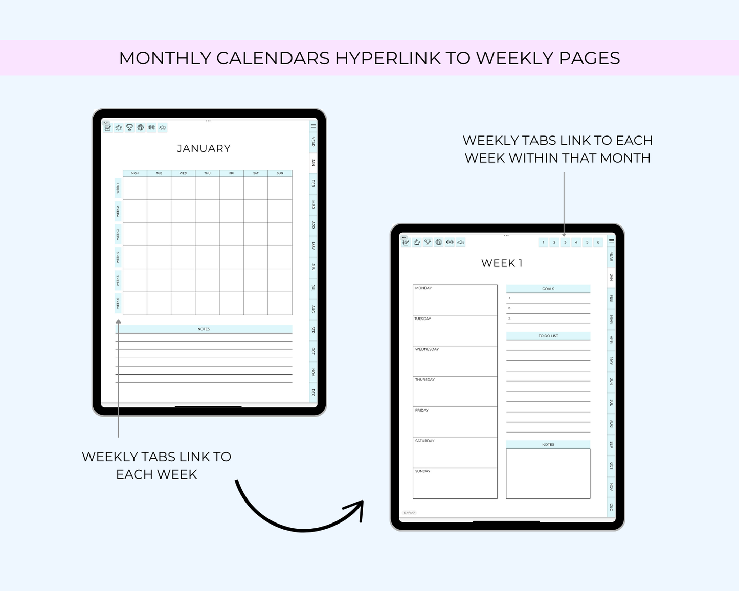 Diagram showing monthly and weekly calendar layouts with hyperlinks between pages.