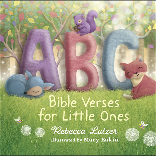 Book cover of 'Bible Verses for Little Ones' with colorful letters and animals in a forest setting.
