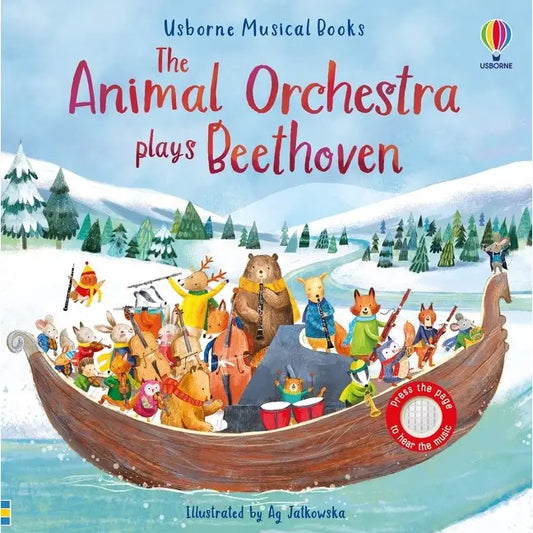 Book cover of 'The Animal Orchestra plays Beethoven' by Usborne, featuring animal figurines in a boat on a snowy landscape.