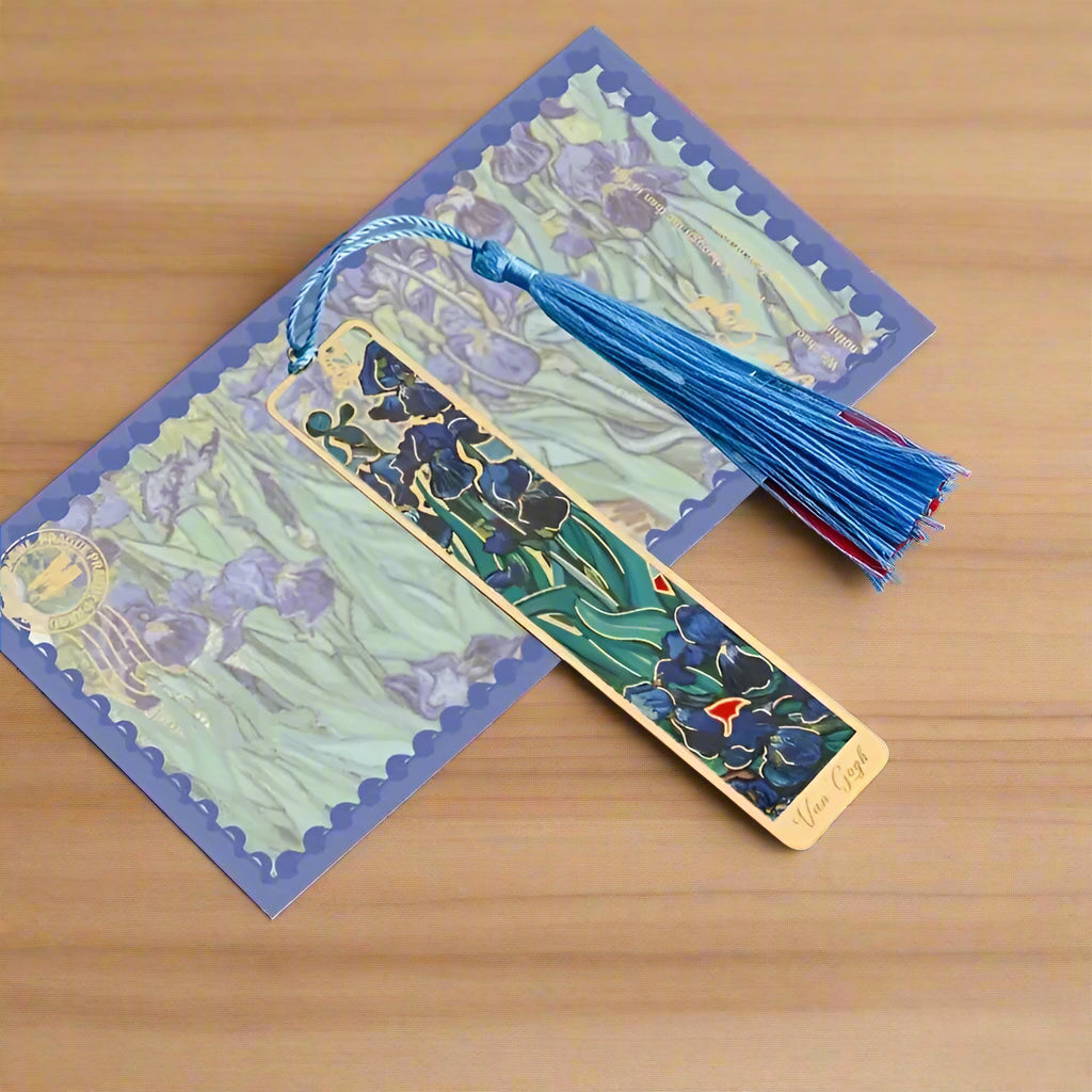 Decorative bookmark with tassel on a red surface