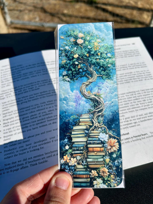 Enchanted Tree of Knowledge Bookmark – Whimsical Fantasy Tree Growing from Books with Flowers and Clouds, Book Lover’s Bookmark