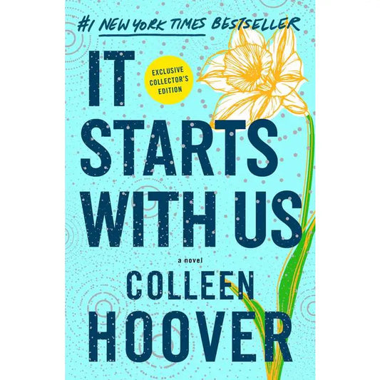 Book cover of 'It Starts With Us' by Colleen Hoover with a yellow flower on a light blue background