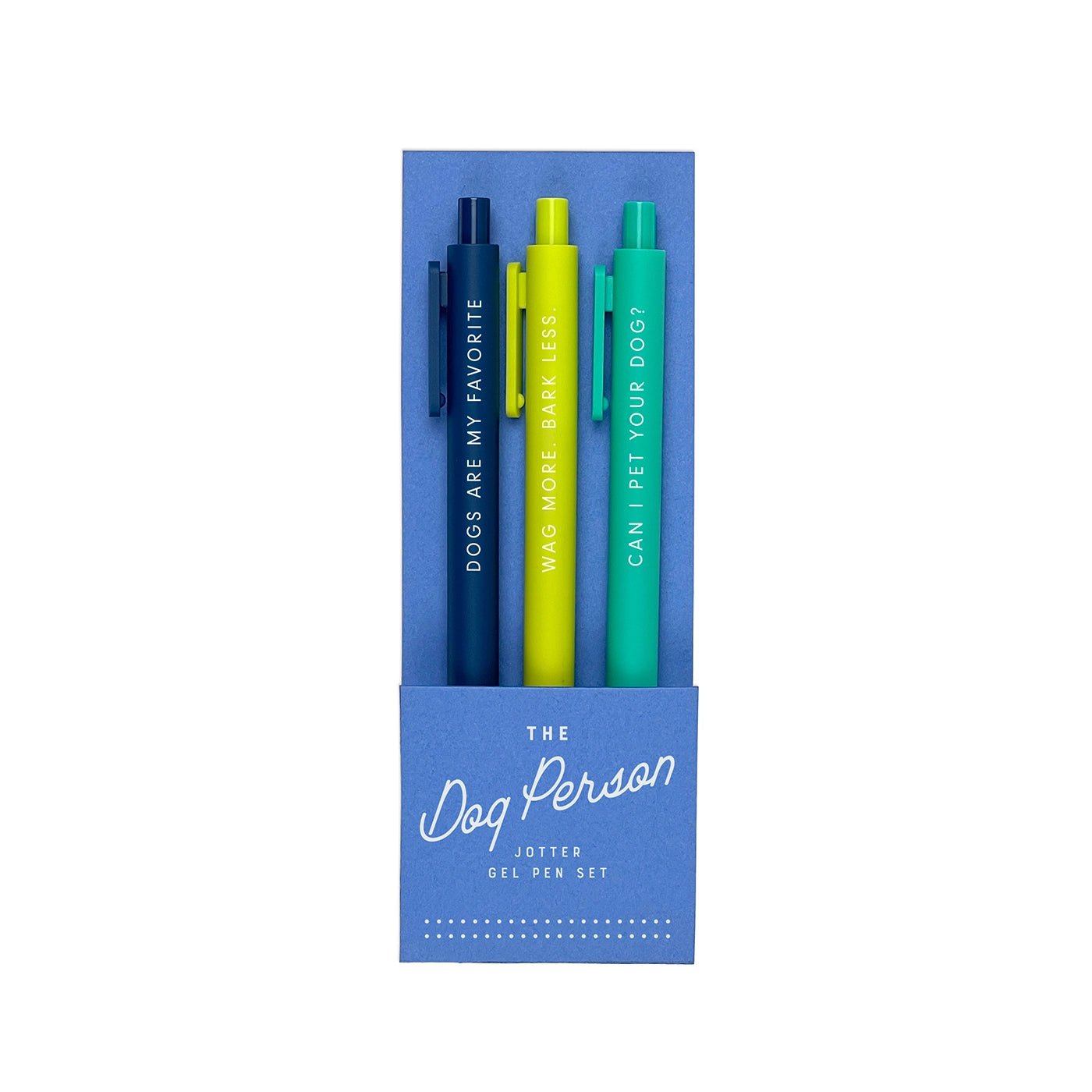 Set of three pens in a blue packaging with text, on a white background