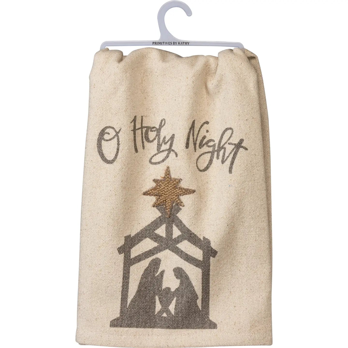Beige towel with nativity scene and 'O Holy Night' text on a hanger