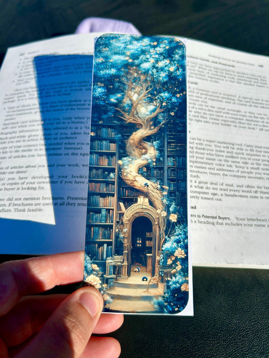 Grand Library Tree Bookmark – Ancient Tree Grows Through Bookshelves, Mystical Fantasy Bookmark for Nature-Loving Readers