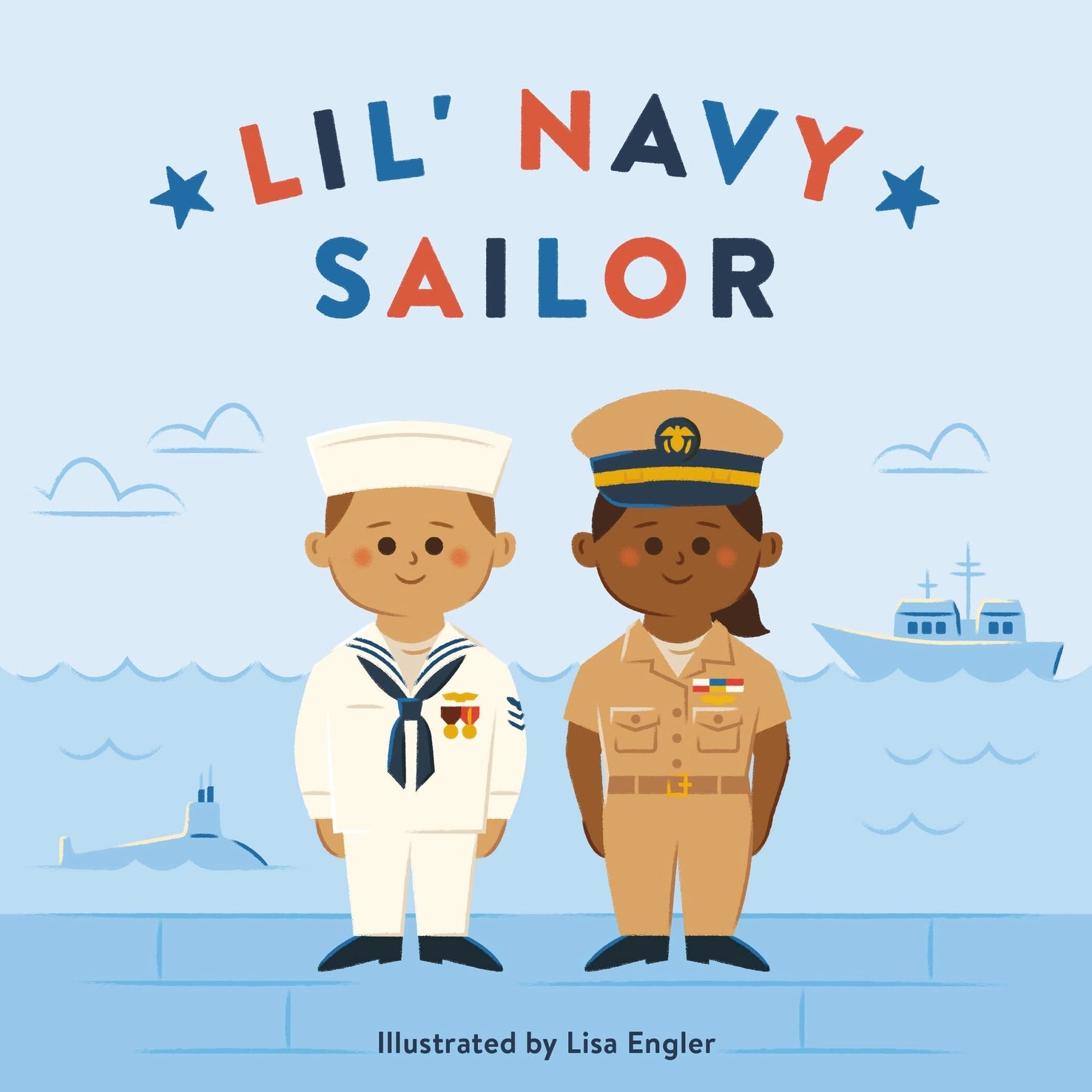 Book cover of 'Lil' Navy Sailor' with two illustrated sailors and a ship on a blue background.