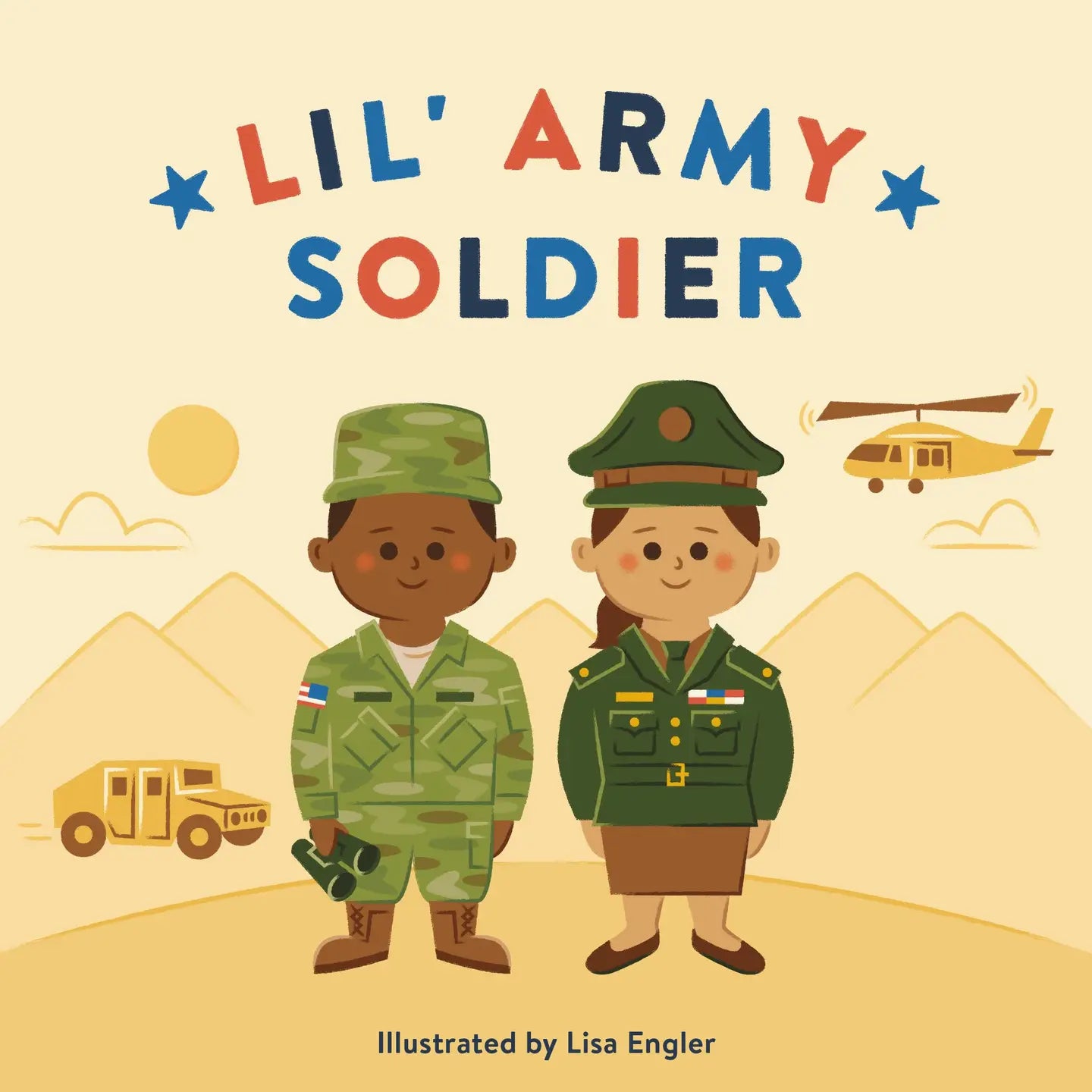 Book cover of 'Lil' Army Soldier' with two children in military uniforms and military vehicles on a beige background.