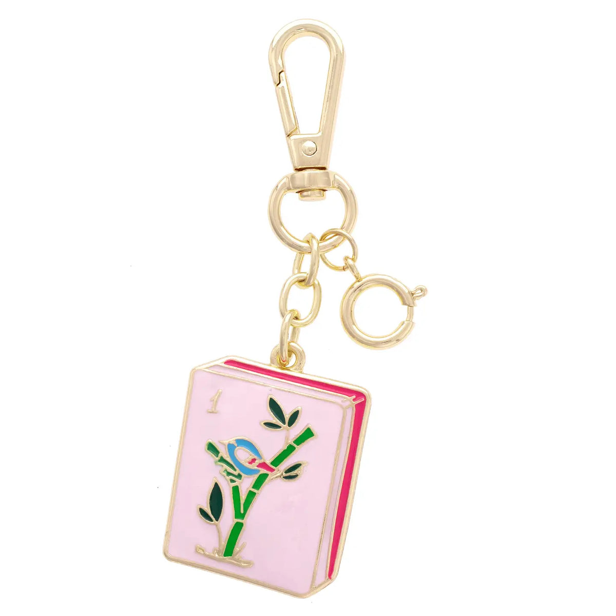 Keychain with pink book design and gold clasp on a white background