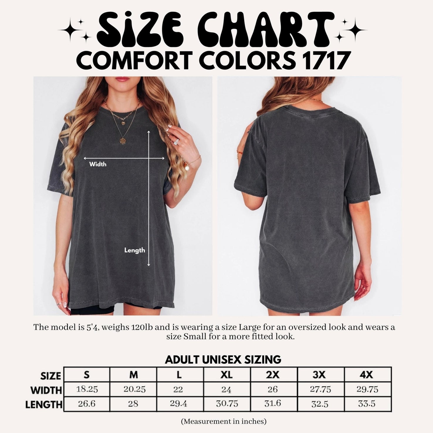 Size chart for Comfort Colors 1717 t-shirt with measurements and sizing guide.