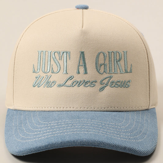 Beige and blue cap with 'Just a Girl Who Loves Jesus' text on a beige background
